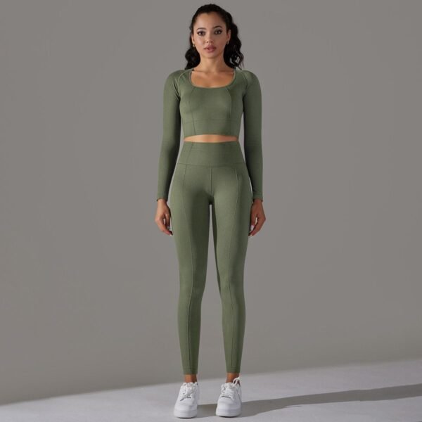 4pc Sport Studio Women Round Neck Long Sleeve Cropped T-Shirt And Leggings Seamless High Stretch Activewear Set, For Daily Fitness - Image 2