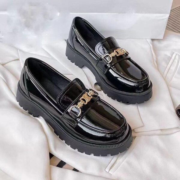 Women's Metal Chain Decor British Style Thick Sole Shiny Leather Penny Loafers, Slip-On Soft Sole Little Black Casual Shoes, Fashion Versatile And Comfortable