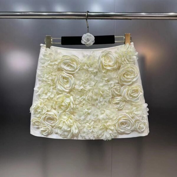 Women's Short A-Line Skirt, Floral Applique Mini Skirt, Casual Outfit For Fall, White Skirt - Image 4