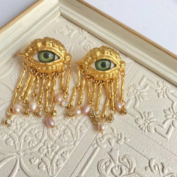 Vintage Demon Eye Design Long Tassel Gold Plated Earrings, Unique Retro Style