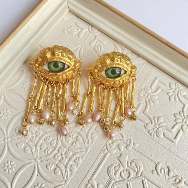 Vintage Demon Eye Design Long Tassel Gold Plated Earrings, Unique Retro Style - Image 2