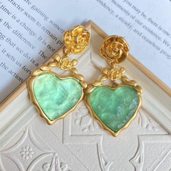 2pcs Geometric Green Gemstone & Heart Drop Earrings For Women