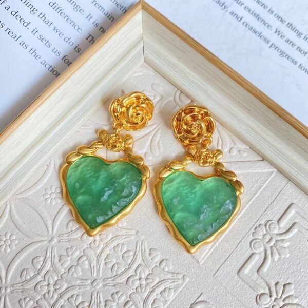 2pcs Geometric Green Gemstone & Heart Drop Earrings For Women - Image 2