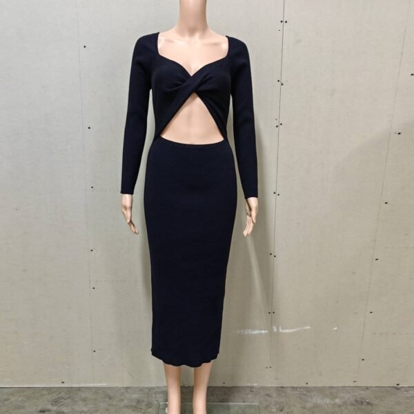 High Waist Zipper Open Back Slim midi Dress With Belly Cutout, Elegant Evening Dress - Image 2