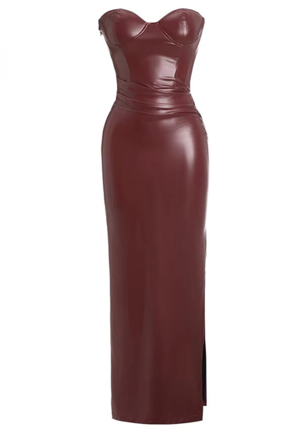Strapless Corset Maxi Faux Leather Dress Burgundy - Image 5