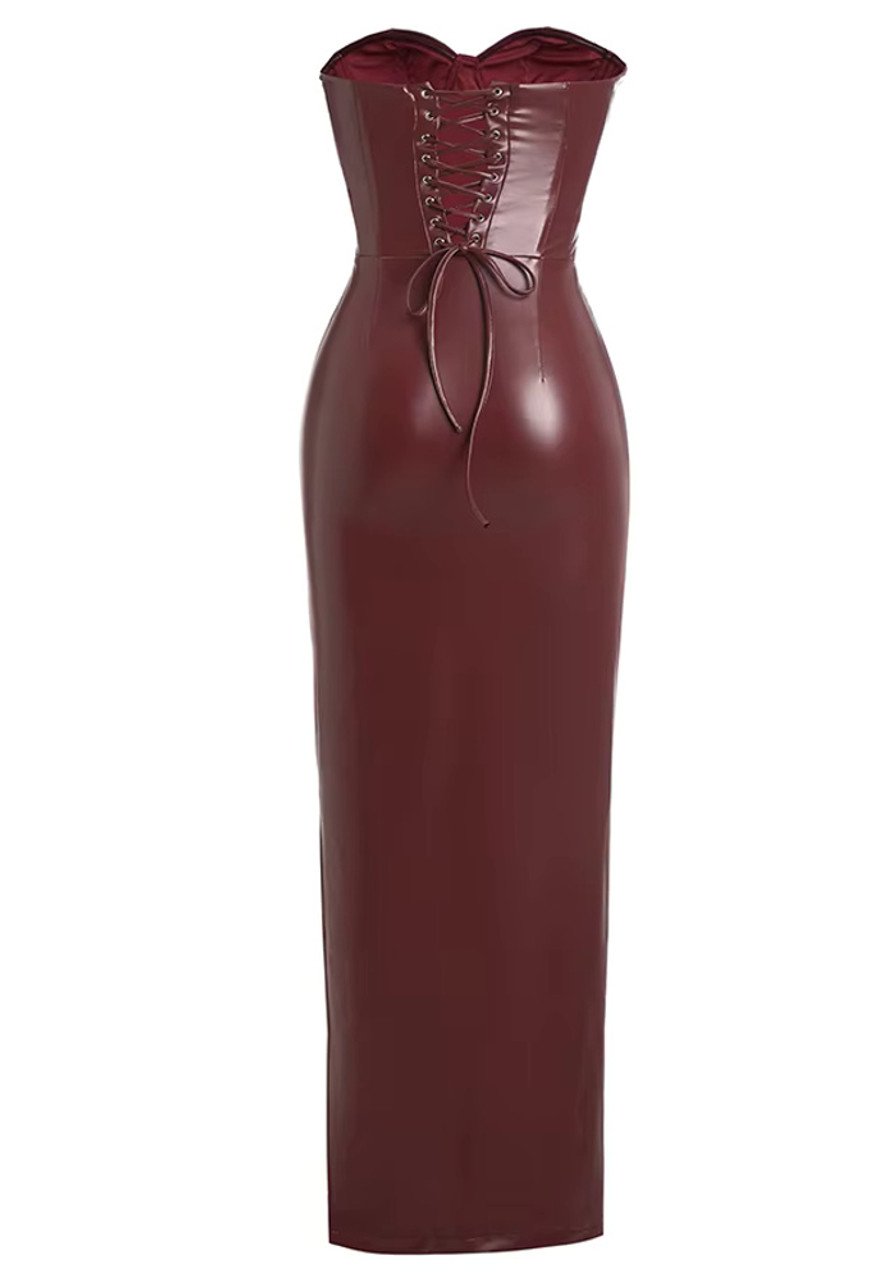 Strapless Corset Maxi Faux Leather Dress Burgundy - Image 4
