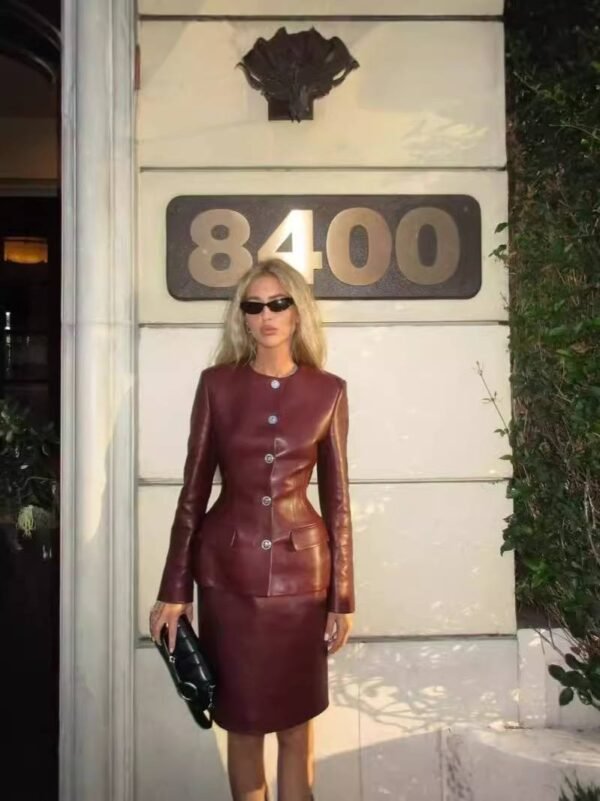 Round Neck Leather Jacket Half Skirt Set - Image 2