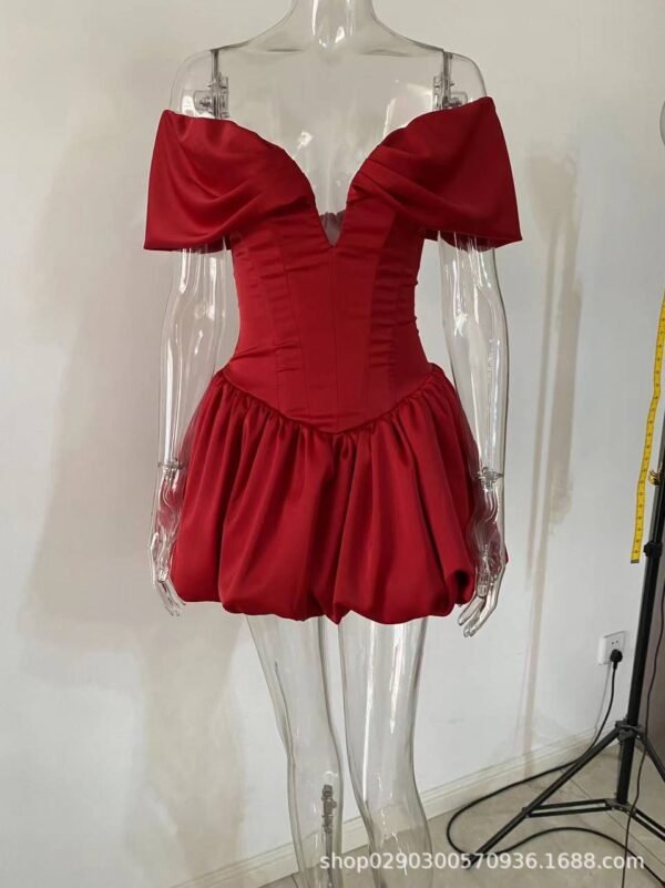Off-Shoulder Layered Bubble Hem Corset Mini Dress in True Red - Image 7