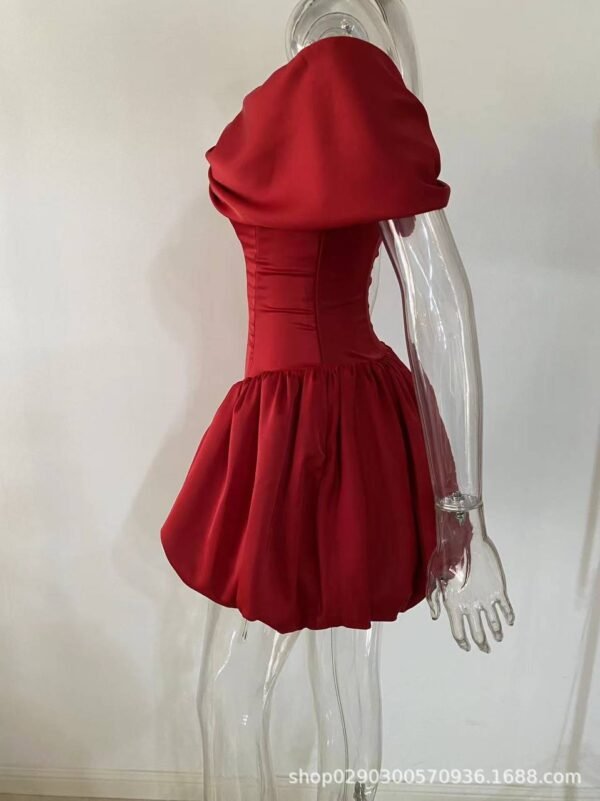 Off-Shoulder Layered Bubble Hem Corset Mini Dress in True Red - Image 6