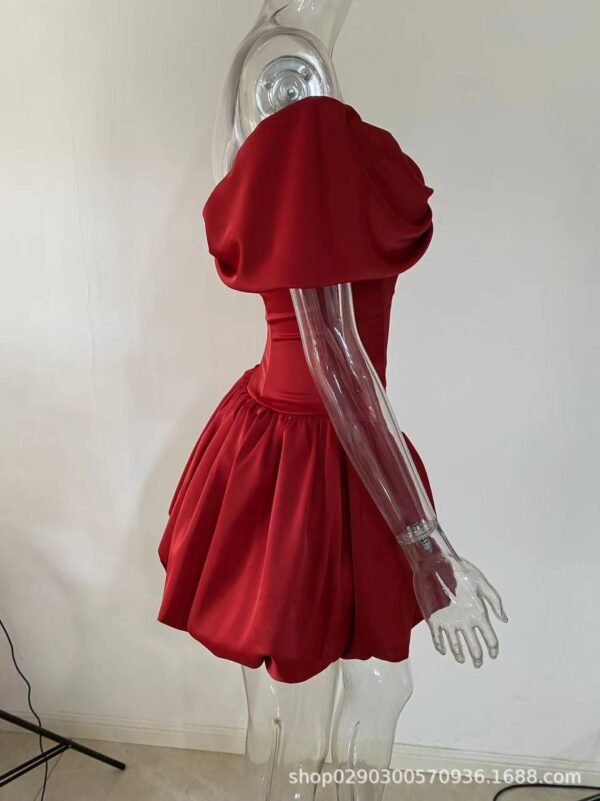 Off-Shoulder Layered Bubble Hem Corset Mini Dress in True Red - Image 4
