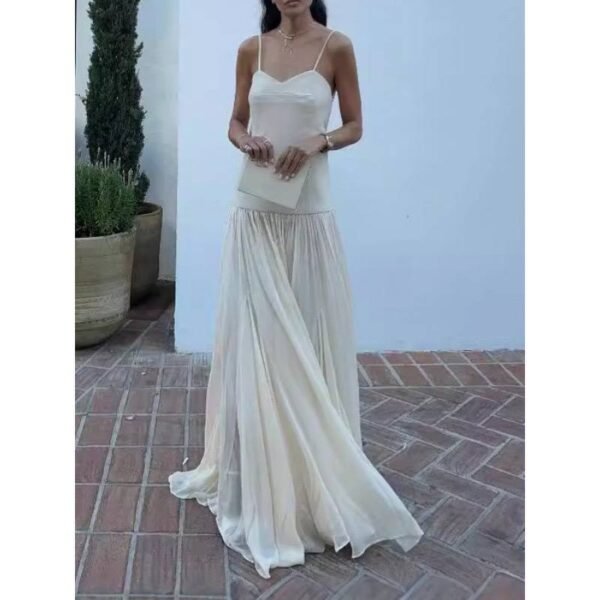 Beige Drop Waist Pleated Dress - Image 2