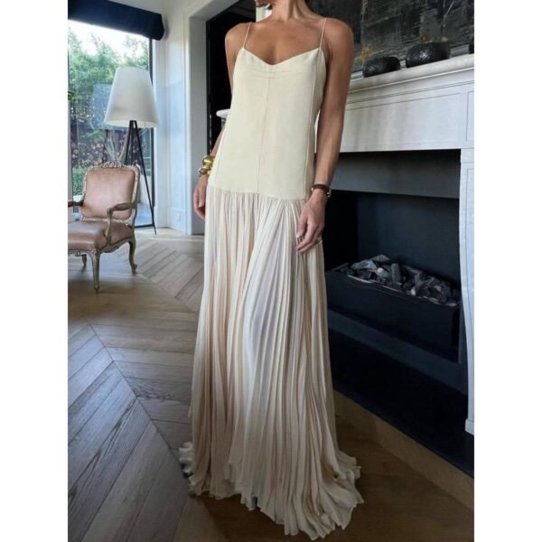 Beige Drop Waist Pleated Dress