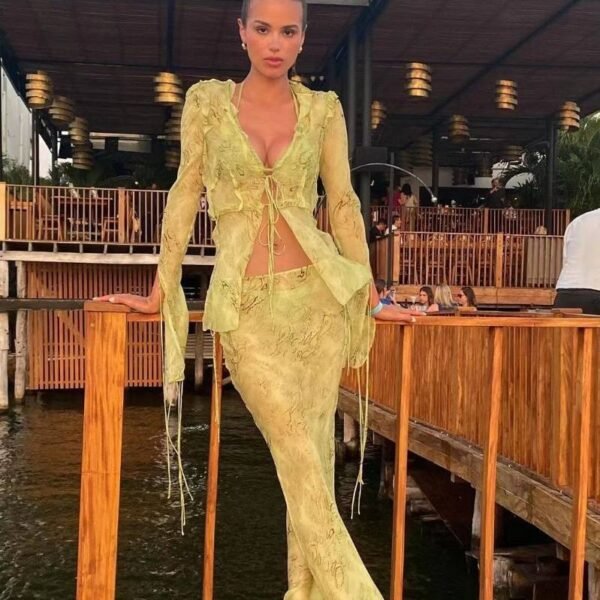 Elegant V Neck Print Chiffon Beach Cardigan Long Shirt Maxi Skirt Women Two Piece Set Ruffle Bandage Y2K Green - Image 2