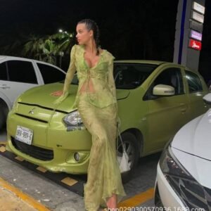 Elegant V Neck Print Chiffon Beach Cardigan Long Shirt Maxi Skirt Women Two Piece Set Ruffle Bandage Y2K Green