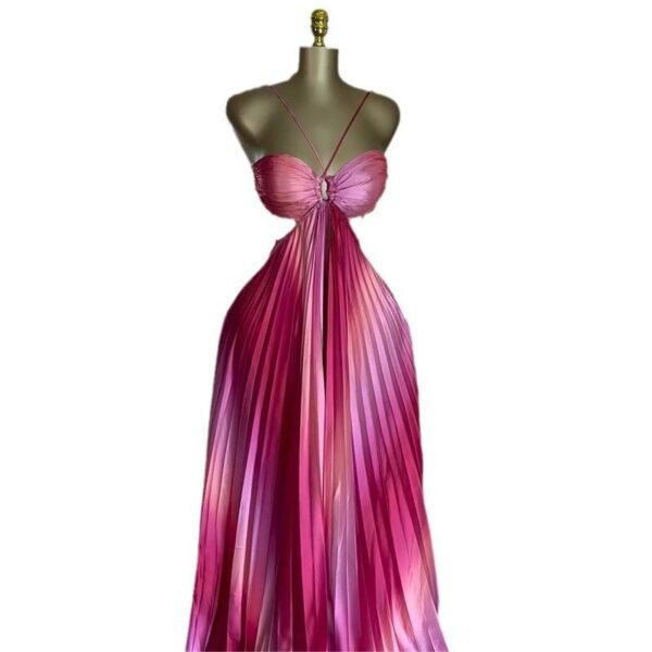 Noufany A-Line Sparkly Dark Pink Halter Neck Evening Dress Metallic Long Split Front Prom Dress with Pleats - Image 2