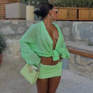 Casual Outfit for Women Loose Fit Long Sleeve Button Down Shirt with Shorts Streetwear Lounge Top