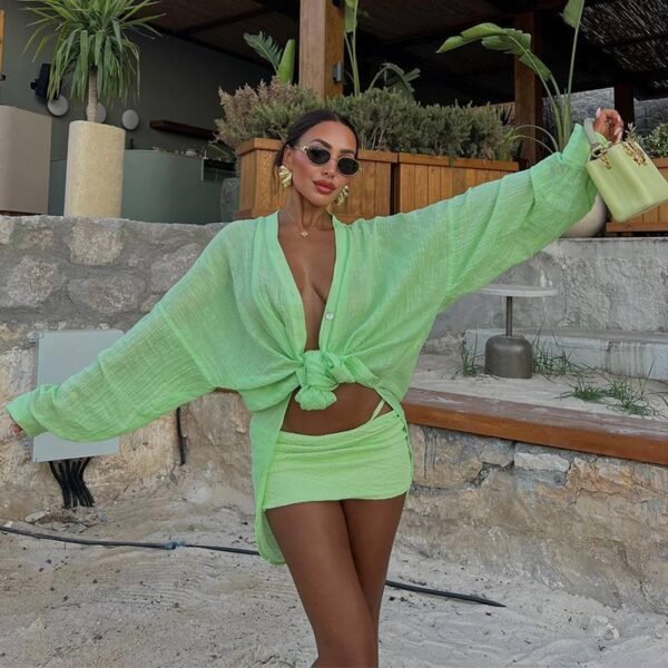 Casual Outfit for Women Loose Fit Long Sleeve Button Down Shirt with Shorts Streetwear Lounge Top - Image 3