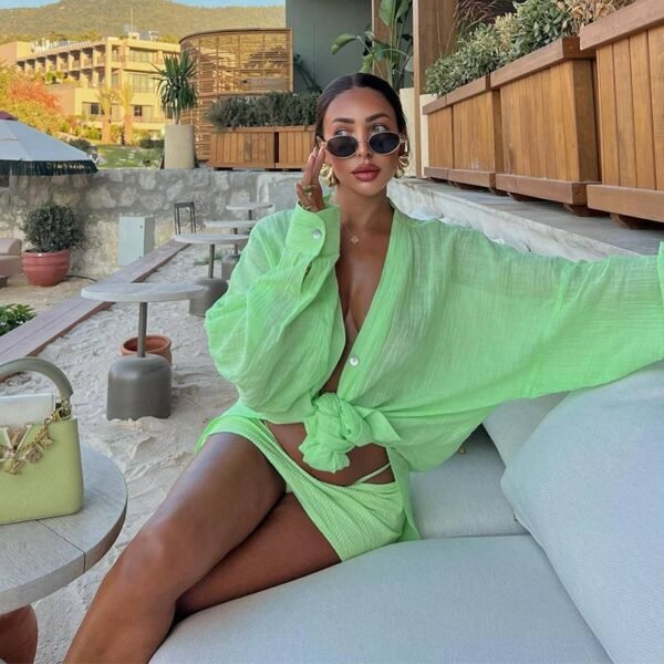 Casual Outfit for Women Loose Fit Long Sleeve Button Down Shirt with Shorts Streetwear Lounge Top - Image 2