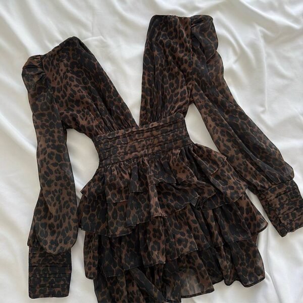 Women Spring Leopard Puff Sleeve Ruffle Dress - Image 2