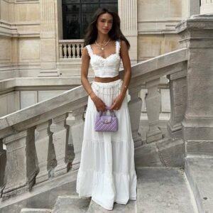 Elegant White Maxi Lace Maxi Skirt And Crop Top Set For Women