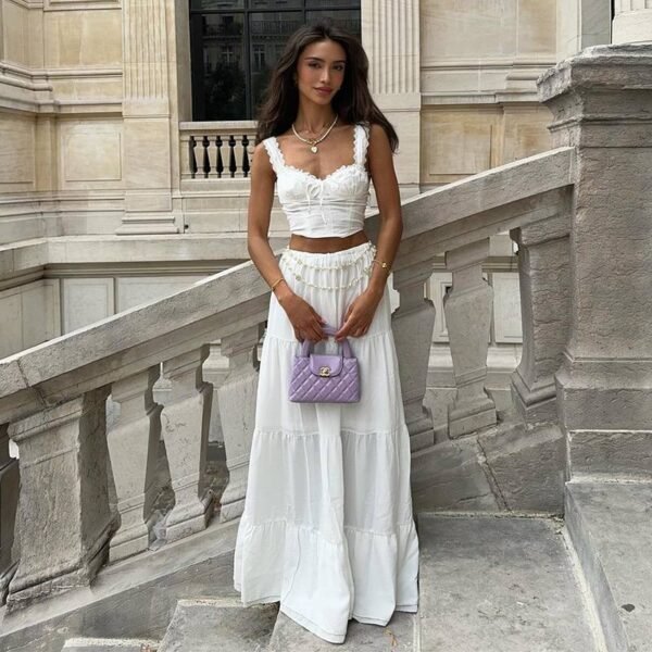 Elegant White Maxi Lace Maxi Skirt And Crop Top Set For Women