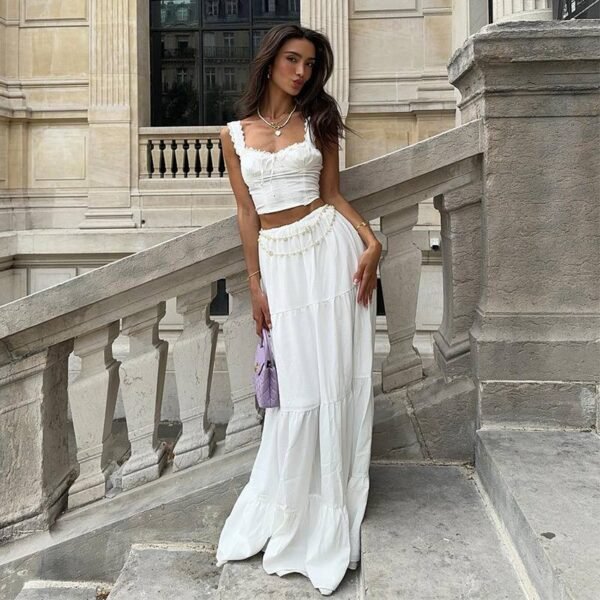Elegant White Maxi Lace Maxi Skirt And Crop Top Set For Women - Image 2