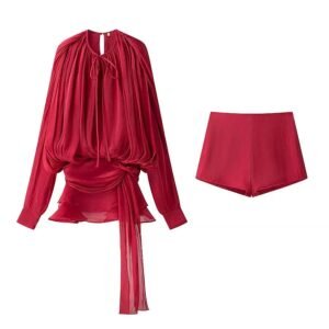 Two-Piece Bubble Sleeve Tiered Mini Dress with Sash in Red