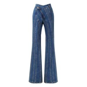 High Waisted Striped Denim Flare Jeans for Women Casual